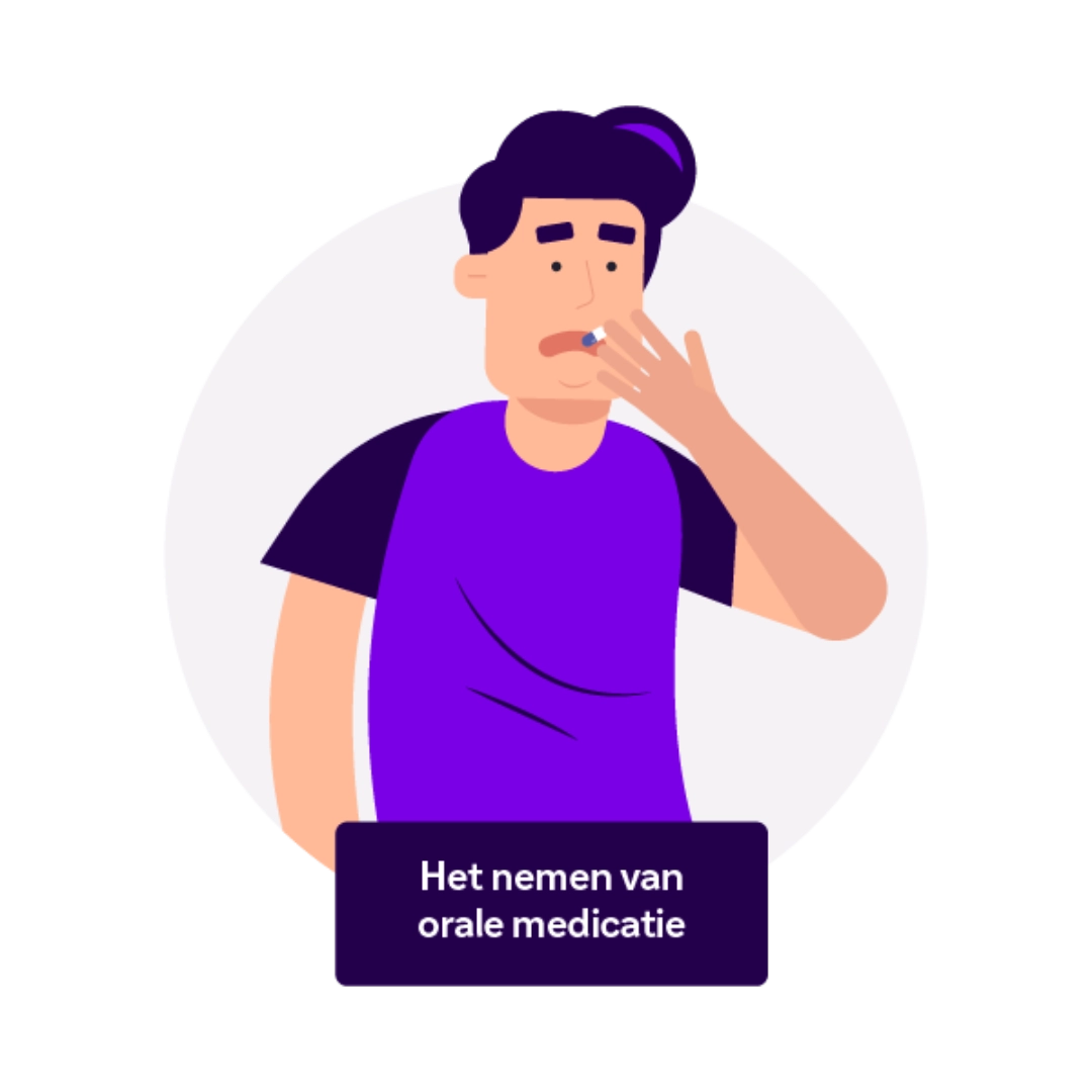 Een mannelijke patiënt met de ziekte van Gaucher die zijn SRT capsules oraal inneemt.
